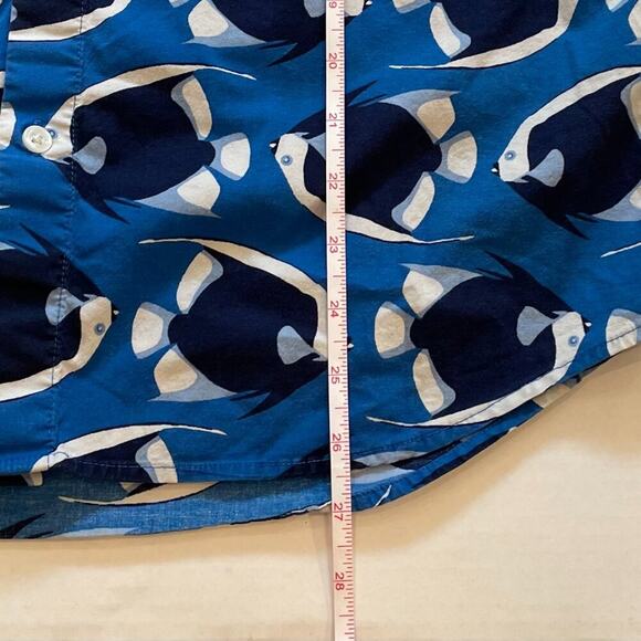 Old Navy Slim Fit Flex Blue Button Down Short Sleeve Shirt Tropical Fish Size M - Picture 8 of 8